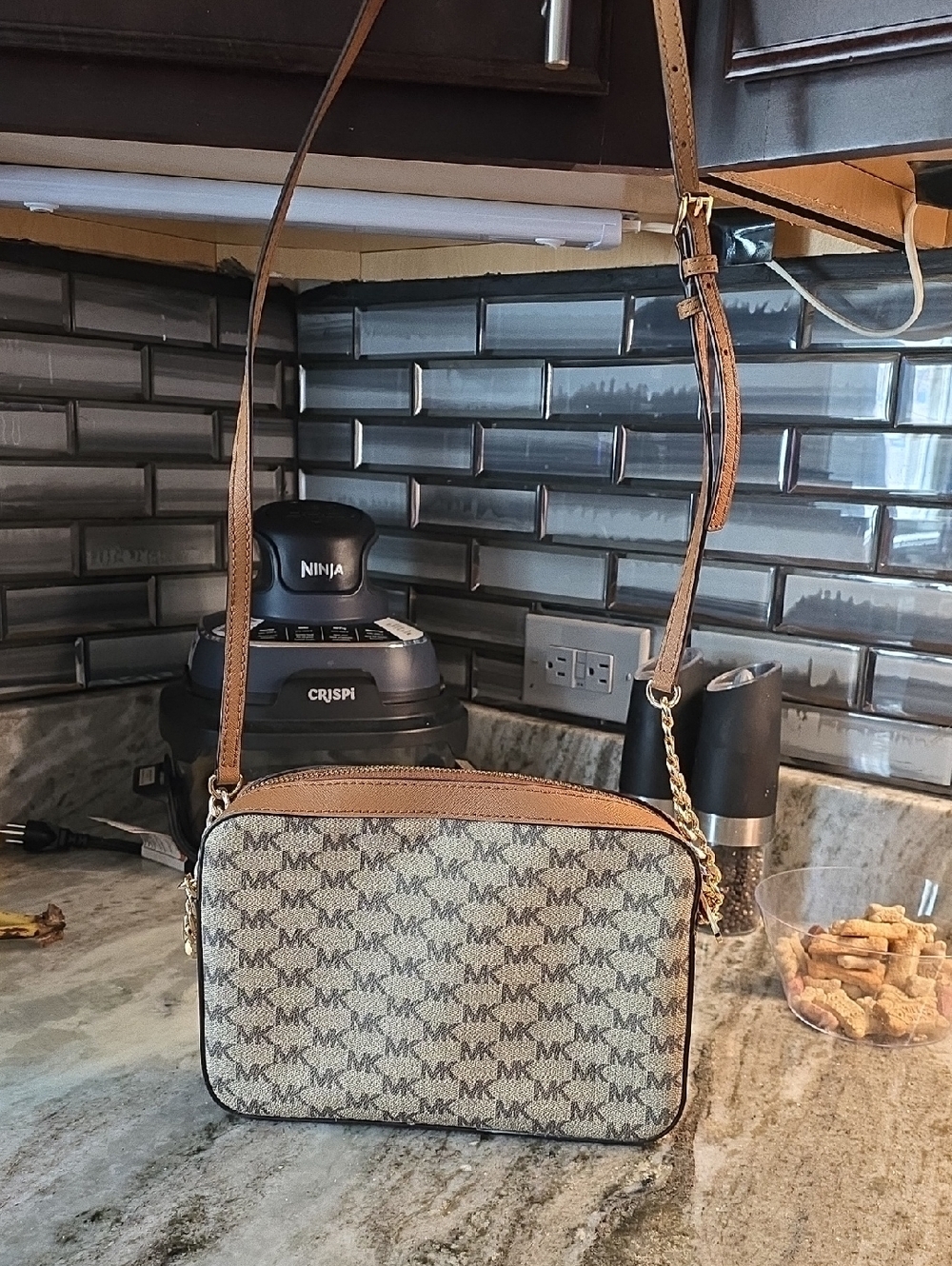 Michael Kors Beige/Brown MK Logo Crossbody - Picture 1 of 3